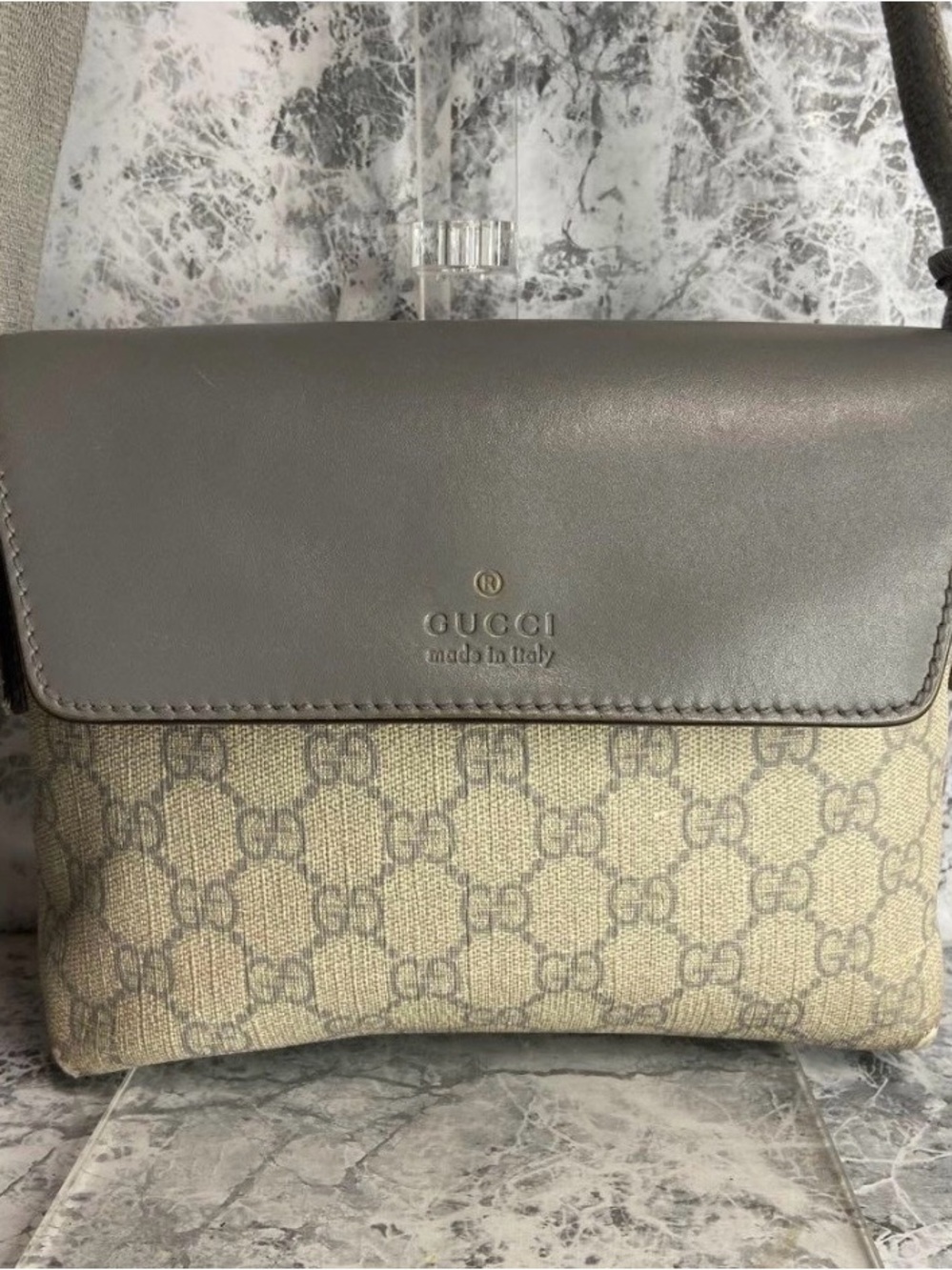 Gucci Beige Monogram Canvas with Gray Leather Flap Shoulder Bag